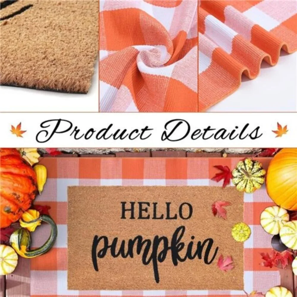 Fall Welcome Mat Set: Coco Coir Mat & 28x43 Orange/White Plaid Rug -Autumn Decor